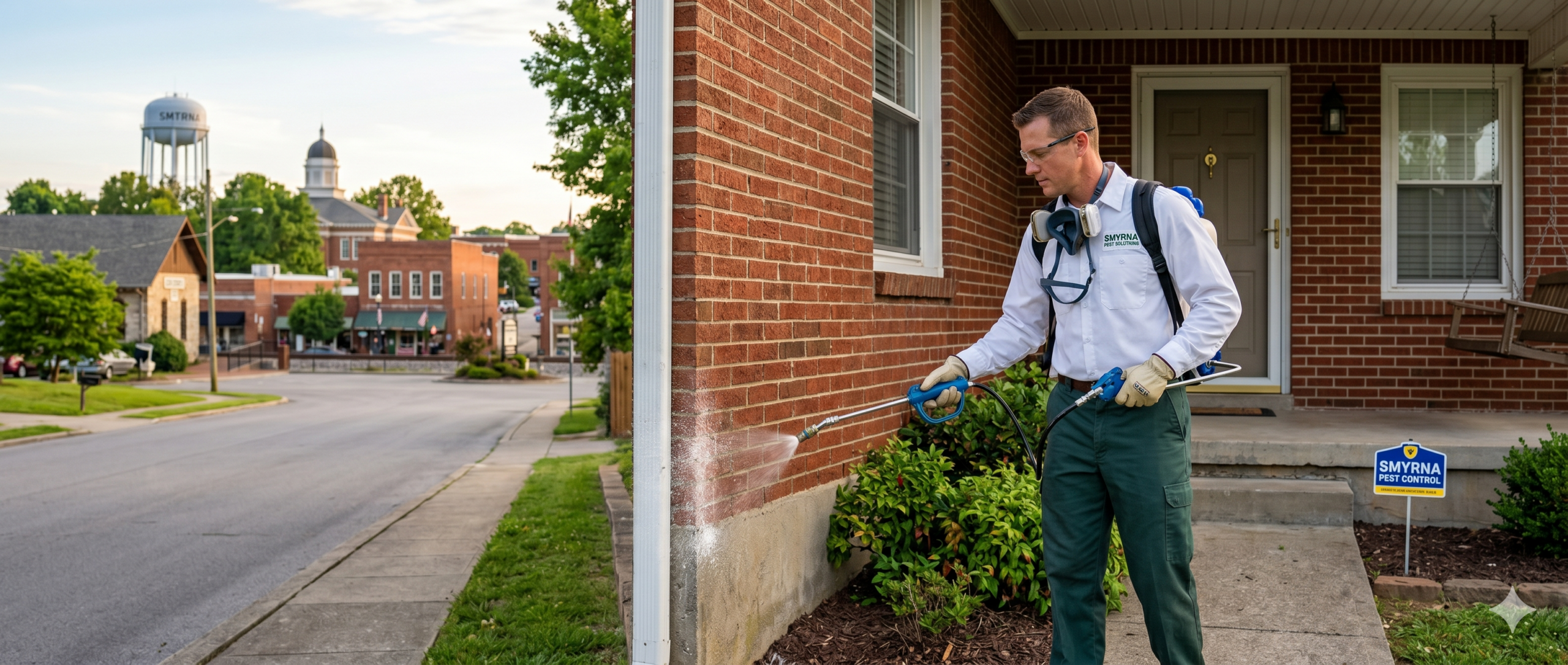 Licensed pest control technician inspecting a Smyrna TN home exterior
