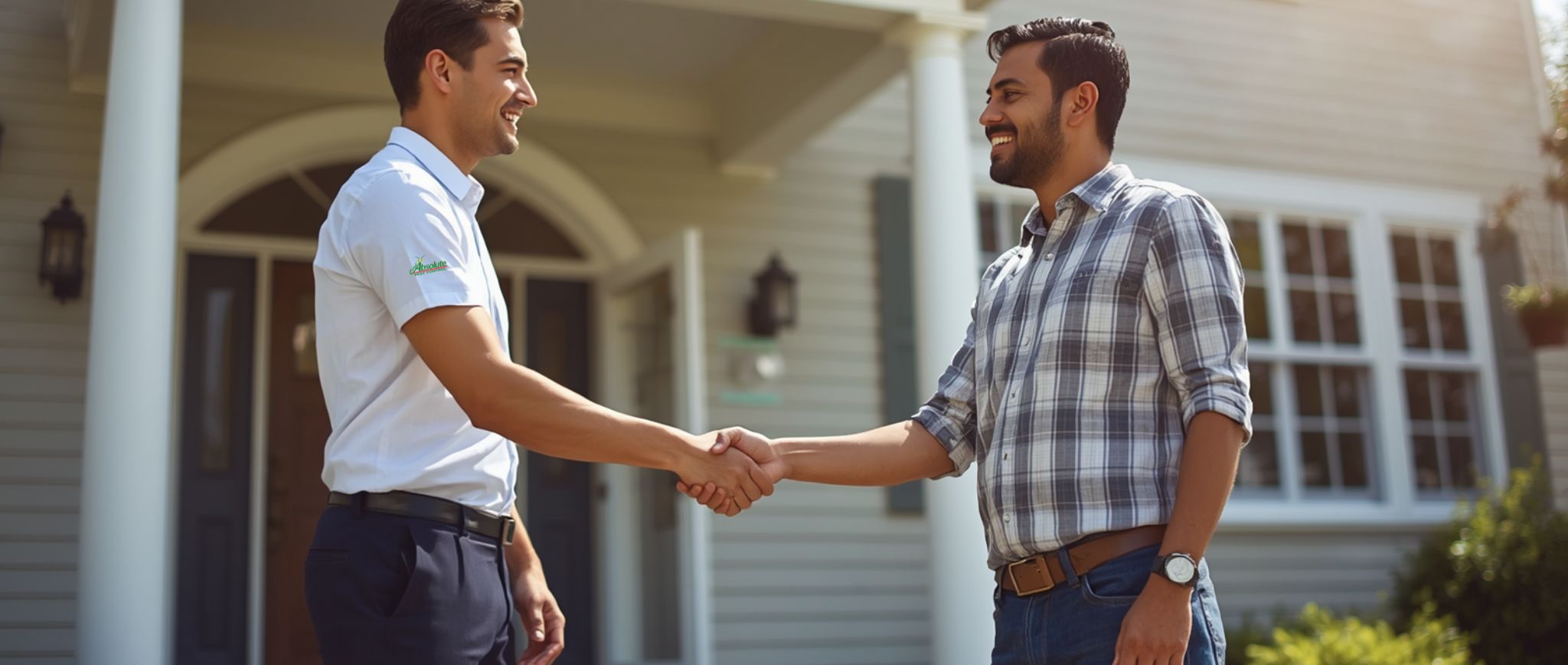 Absolute Pest Control technician greeting a homeowner outside an Antioch, Tennessee home